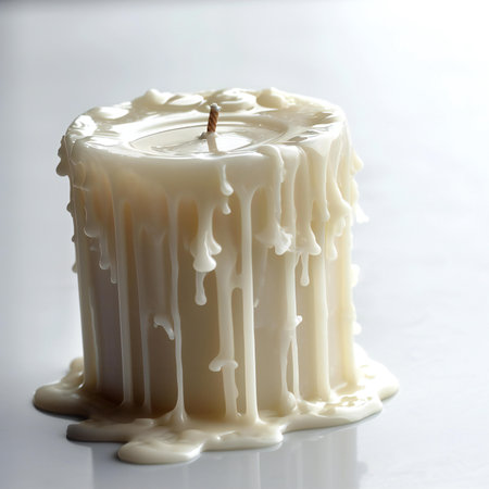Candle with white wax on a white background, close-upの素材