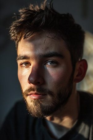 Portrait of a young man with a beard and mustache in a dark roomの素材