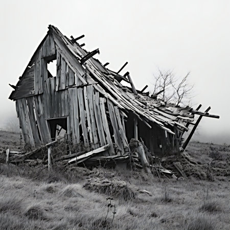 Abandoned wooden house in the middle of the field in black and whiteの素材