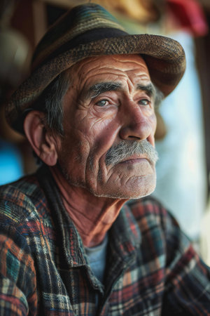 Portrait of an old man wearing a hat and plaid shirtの素材