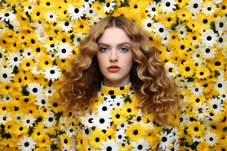 Portrait of a beautiful young woman with long curly hair and yellow flowersの素材