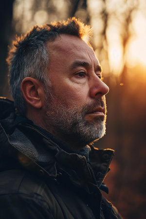 Portrait of a man with a beard in the forest at sunsetの素材