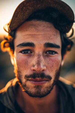 Portrait of a handsome young man with hat and beard outdoor.の素材