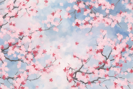cherry blossom background with pink sakura flowers on blue skyの素材