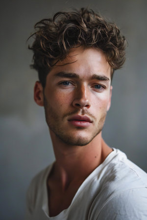 Portrait of a handsome young man with wet hair. Men's beauty, fashion.の素材