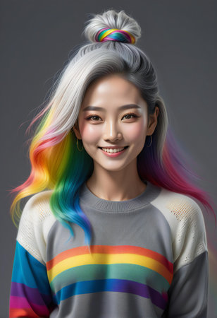 Beautiful asian woman with rainbow hair, isolated on gray backgroundの素材