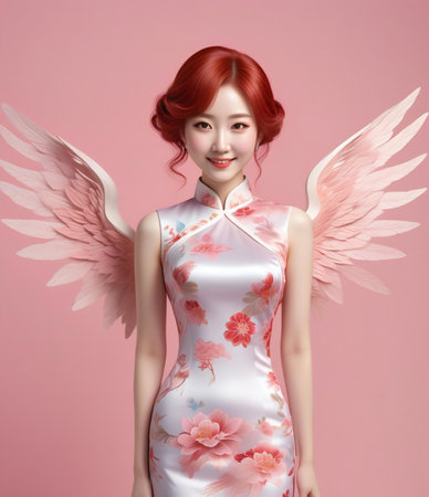 Beautiful asian woman in chinese dress with angel wings on pink backgroundの素材