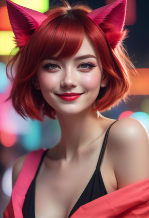 beautiful asian woman with red hair and bright make-upの素材