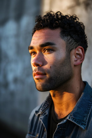 Portrait of a handsome young man with curly hair in an urban contextの素材