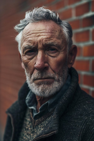 Portrait of an elderly man with gray hair and beard on a brick wall backgroundの素材