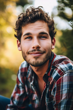 Handsome young man in checkered shirt looking away and smiling while sitting outdoorsの素材