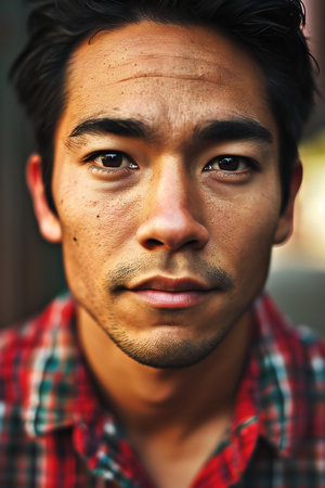 Portrait of a handsome young asian man in checkered shirtの素材