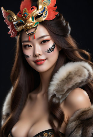 Beautiful asian woman with mask and fur coat on black backgroundの素材