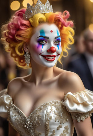 Portrait of a clown in a carnival costume with a crownの素材