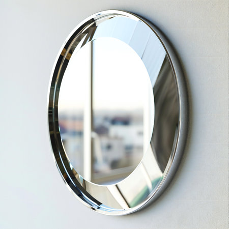 Round mirror on a white wallの素材