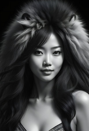 Black and white portrait of a beautiful asian woman in fur coatの素材
