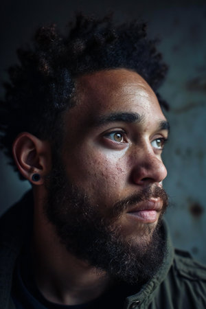 Portrait of a handsome man with afro hairstyle and beardの素材