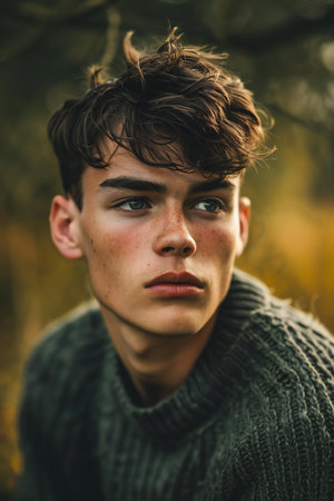 Photo for Portrait of a handsome young man in the autumn forest. Men's beauty, fashion. - Royalty Free Image