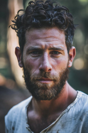 Portrait of a man with a beard in the forest. Close-up.の素材