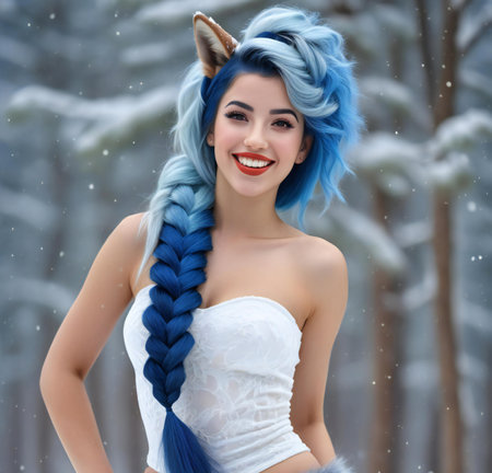 Beautiful girl with blue hair in the winter forest.の素材