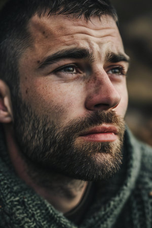 Portrait of a bearded man in a warm sweater. Toned.の素材