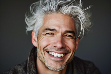 Close up portrait of a smiling middle-aged man with grey hairの素材
