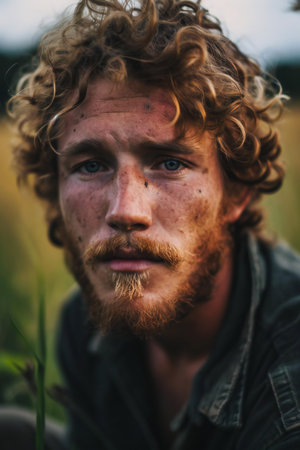 Portrait of a young man with curly hair and frecklesの素材