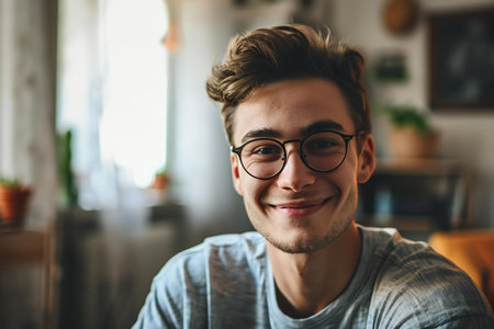 Portrait of a handsome young man with eyeglasses in a cafeの素材