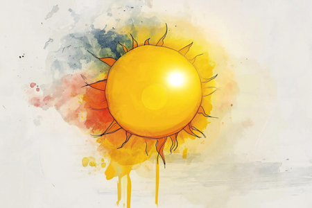 Watercolor painting of a sun on a watercolor background. Illustrationの素材