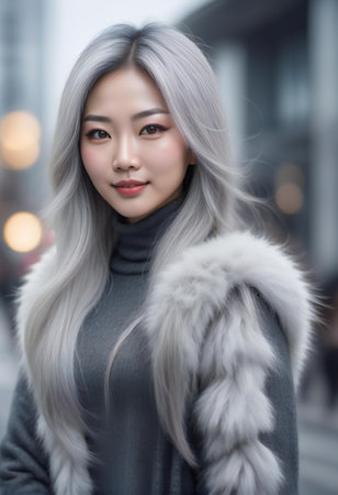 Portrait of beautiful asian woman wearing fur coat in city.の素材