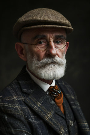 Portrait of an old man with a gray beard and mustache wearing a vintage suitの素材