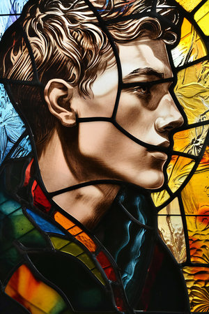 Stained glass window depicting the face of Jesus Christ in a church.の素材