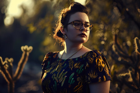 Portrait of a beautiful young woman with glasses on the background of cactusの素材