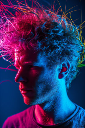 Portrait of a handsome young man with dyed hair. Blue and red light.の素材