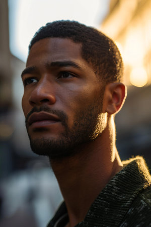 Handsome african american man in the city at sunsetの素材