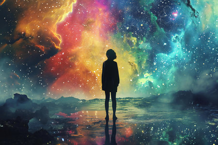 Silhouette of a woman standing in the middle of a fantasy spaceの素材