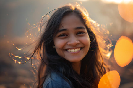 Portrait of a beautiful young asian girl in the sunset lightの素材