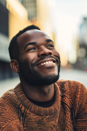 Close up portrait of a smiling young african american man in the cityの素材