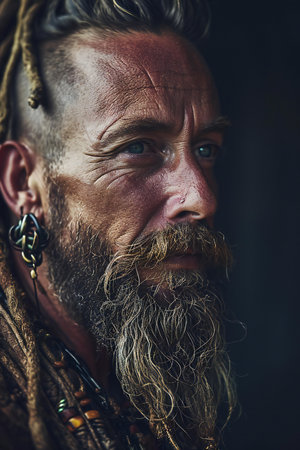 close-up portrait of a man with a long beard, mustache and hair braided in pigtails and beadsの素材