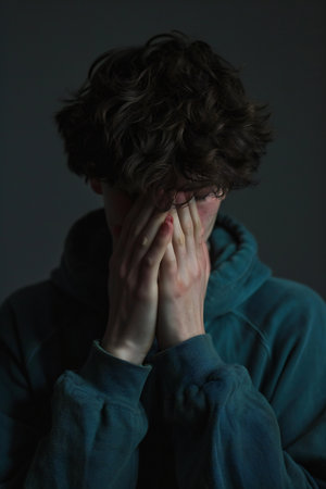 Portrait of a young man covering his face with his hands. Dark background.の素材