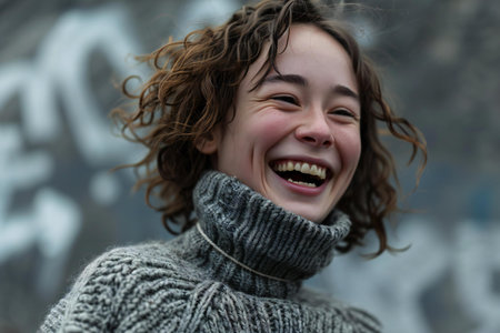 Portrait of a beautiful girl with curly hair in a gray sweaterの素材