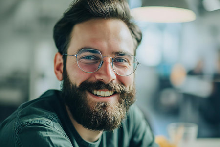 Portrait of a handsome bearded man with glasses sitting in a cafeの素材