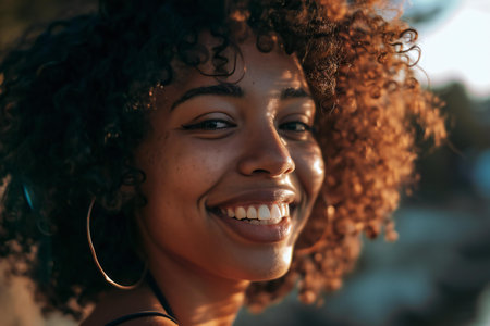 Foto de Close up portrait of a beautiful young african american woman with curly hair smiling outdoors - Imagen libre de derechos