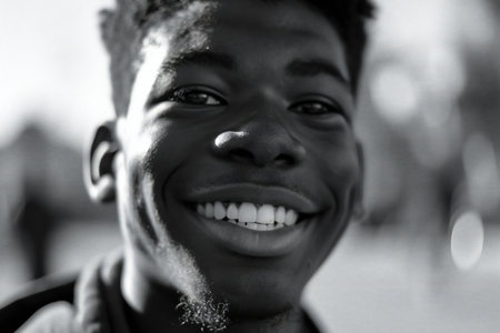 Close up portrait of a young african american man smiling.の素材