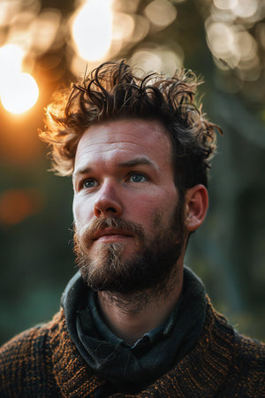 Portrait of a handsome bearded man with a stylish haircut in the forest.の素材