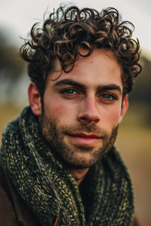 Portrait of a handsome young man with curly hair, wearing a scarf.の素材