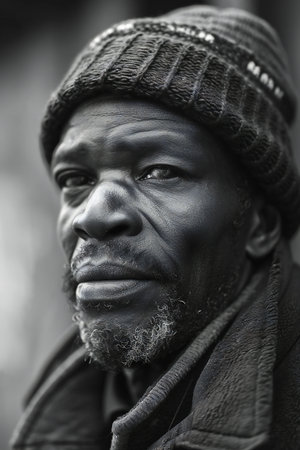 Portrait of a homeless man on the street in black and whiteの素材