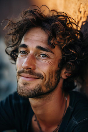 Portrait of a handsome young man with long curly hair looking at cameraの素材