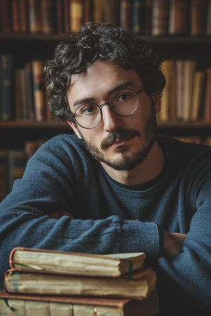 Portrait of a handsome young man in glasses and a blue sweater, sitting on a bookshelf in a library.の素材