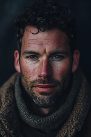 Portrait of a handsome man with a beard wearing a warm sweaterの素材